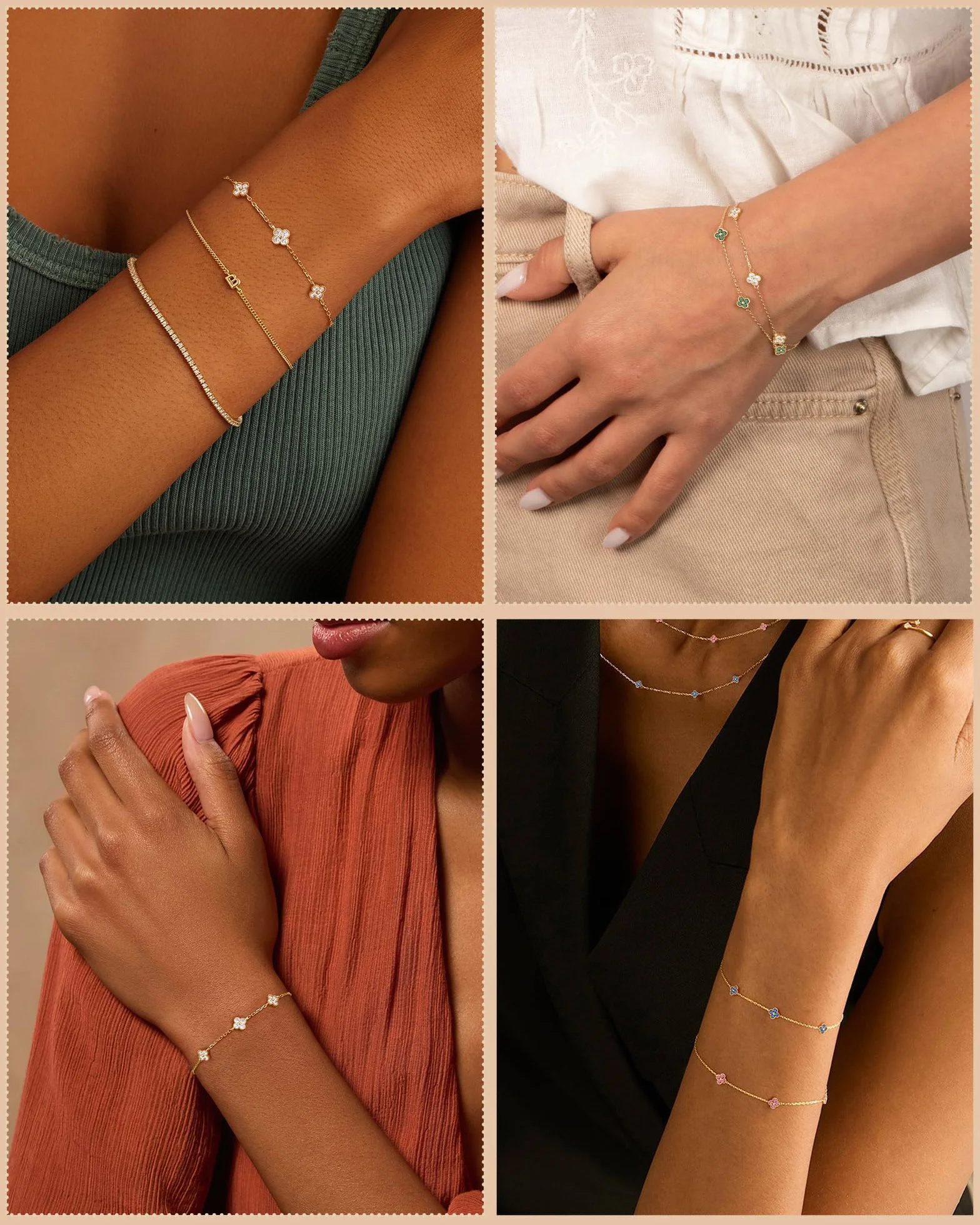 Bracelet Femme Or Trèfle À 4 Feuilles Pierre De Naissance Réglable 14k Plaqué Or Zircon Cubique