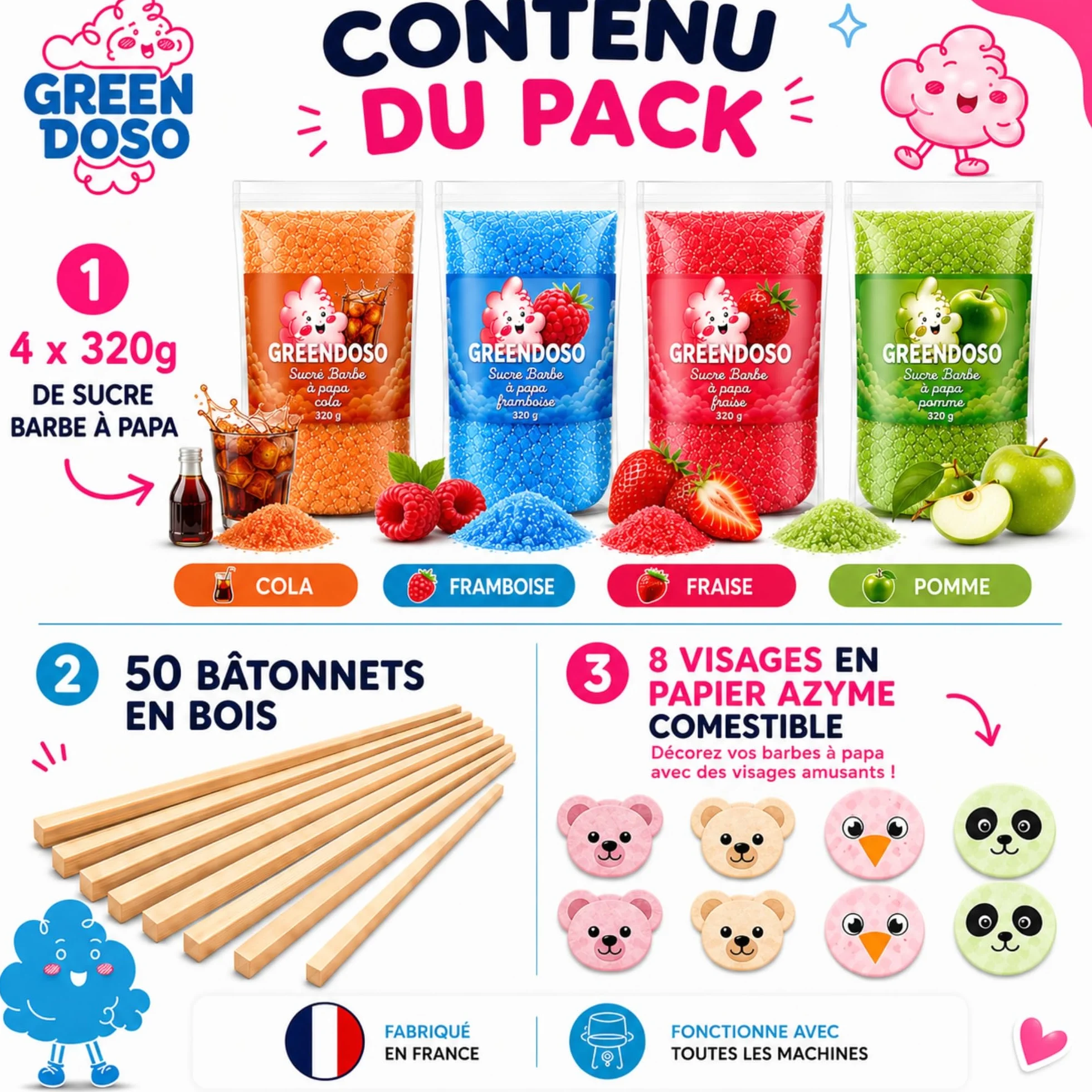 GREENDOSO® Sucre Barbe à Papa pour Machine (4x320 gr) – Lot de 4 Goûts (Fraise/Cola/Framboise/Pomme) – 50 Bâtonnets