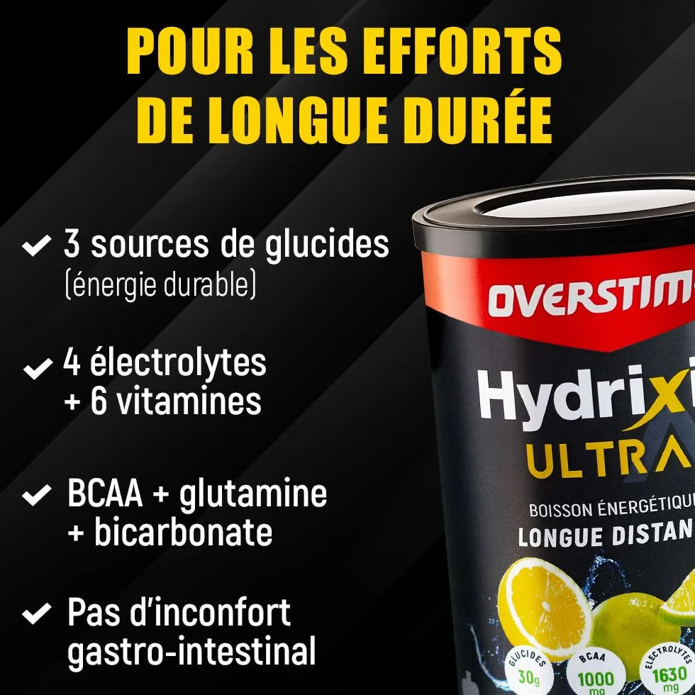 Overstim.s - Boisson énergétique Hydrixir Ultra (400g) - 3 sources de glucides - 4 électrolytes - 6 vitamines - BCAA + Glutamine - Bicarbonate de sodium - Saveur peu sucrée - Fruits rouges