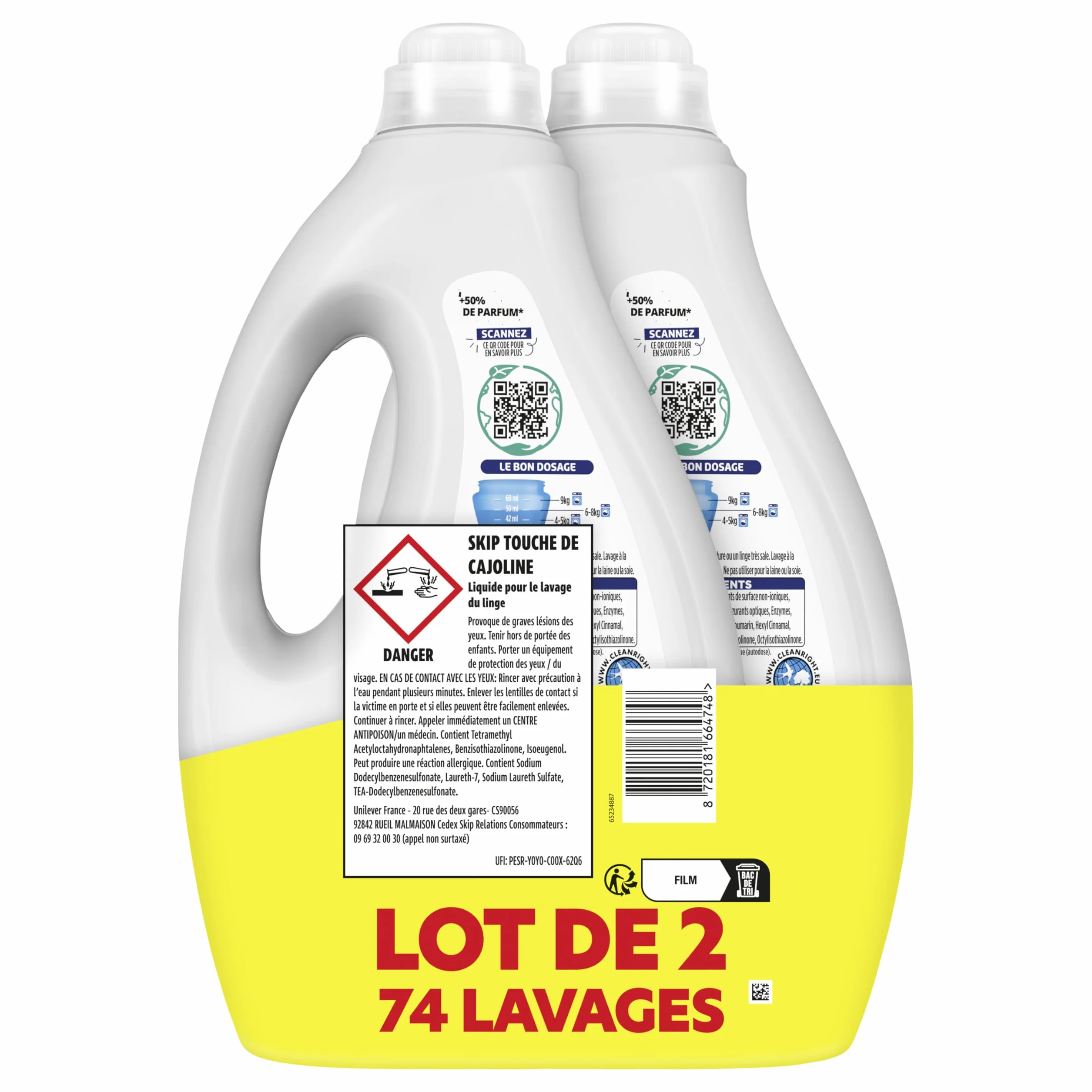 Skip Lessive Liquide Tout en 1 Touche de Cajoline, 74 Lavages | Lessive liquide efficace sur les taches, apporte douceur et parfum frais longue durée, adaptée aux cycles courts dès 30C