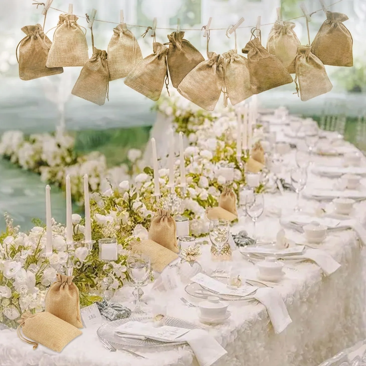 Sachets en Jute 24 Pcs Sacs Cadeau avec Cordon Réutilisables Pochette Tissu Lin Autocollants Cœur Étiquettes