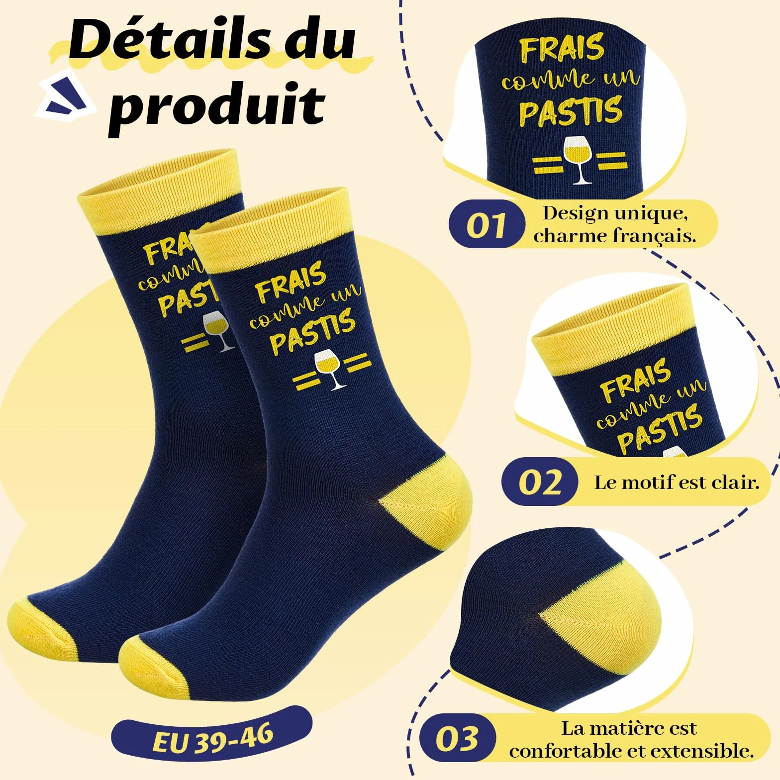 Geyoga Bob Jaune Chaussettes Rigolotes Frais Comme un Pastis Taille 39-46 Set Cadeaux Humour Hommes