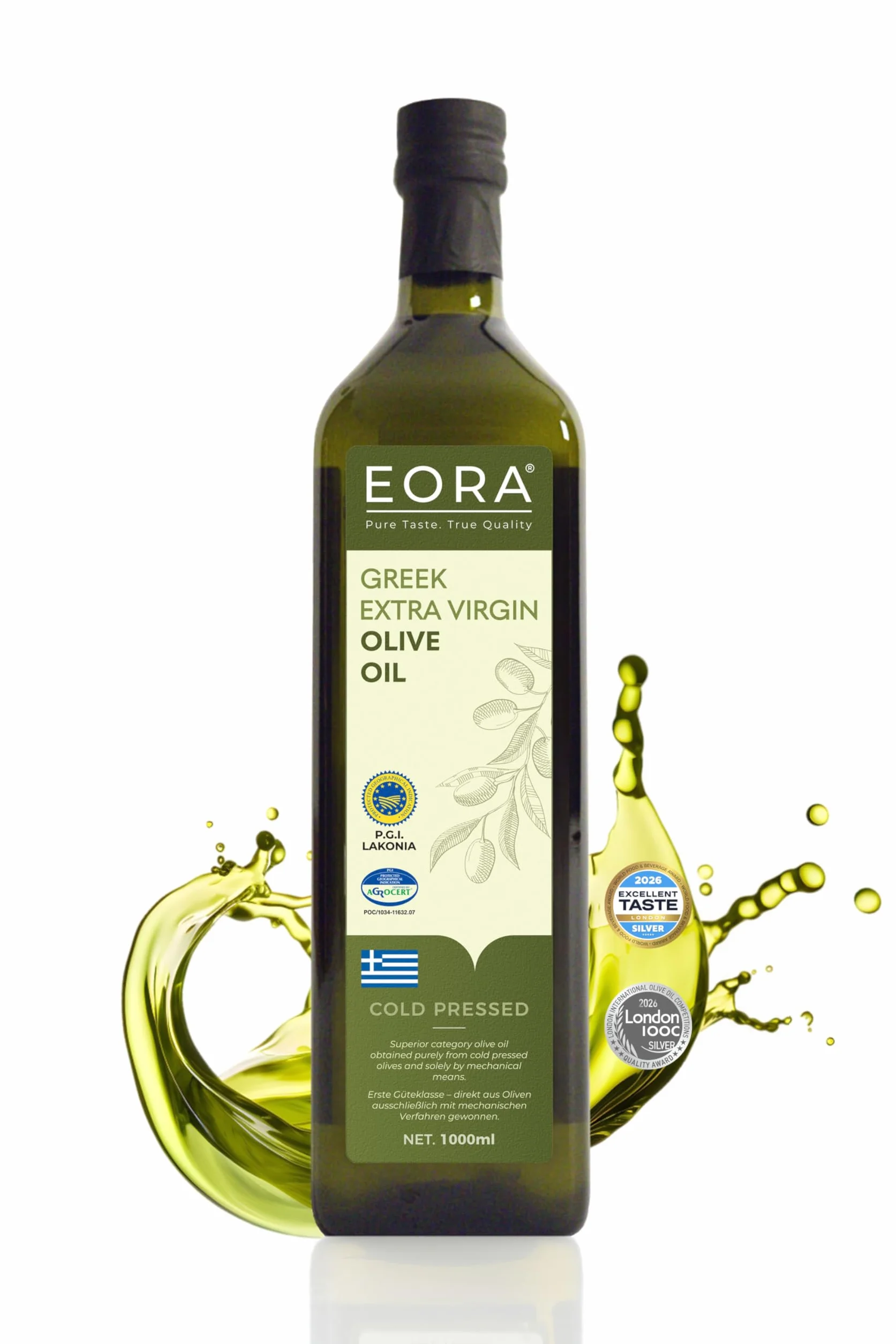 EORA Huile d’Olive Extra Vierge Grecque Premium 1L (Nouvelle Récolte 25/26) – Haute teneur en polyphénols, extraite à froid, très faible acidité ~0,35% – origine unique IGP Lakonie, Grèce