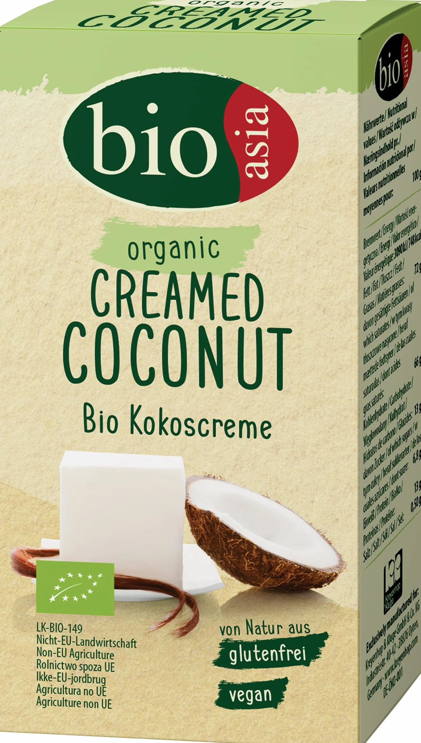 Bioasia Crème de Noix de Coco Bio 100% en Bloc 200 g 10 Pièces