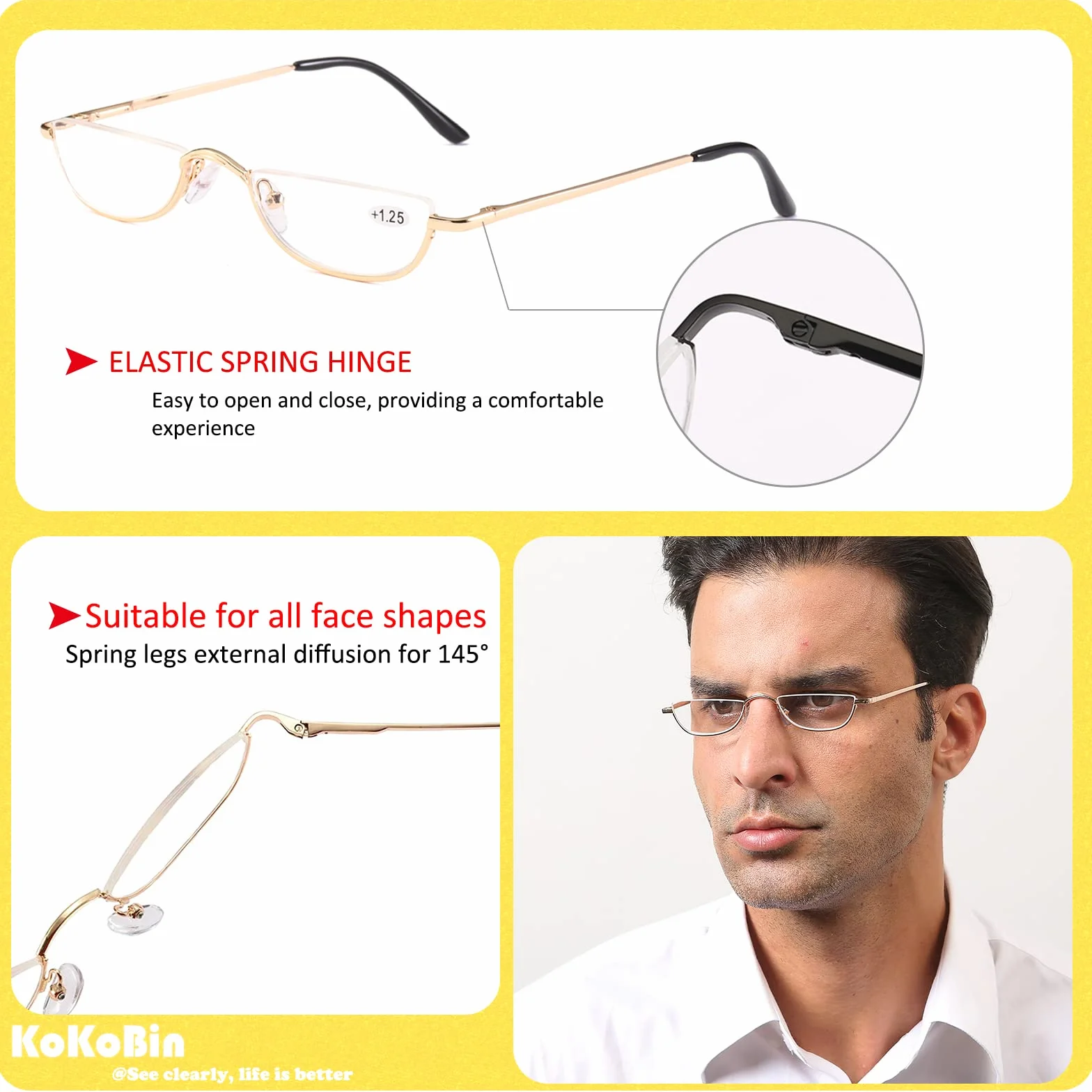 Lunettes de Vue Lecture Demi Lune KoKoBin 2 Paires Métal Charnières Ressort Femme Homme Noir Or Dioptres 2.5