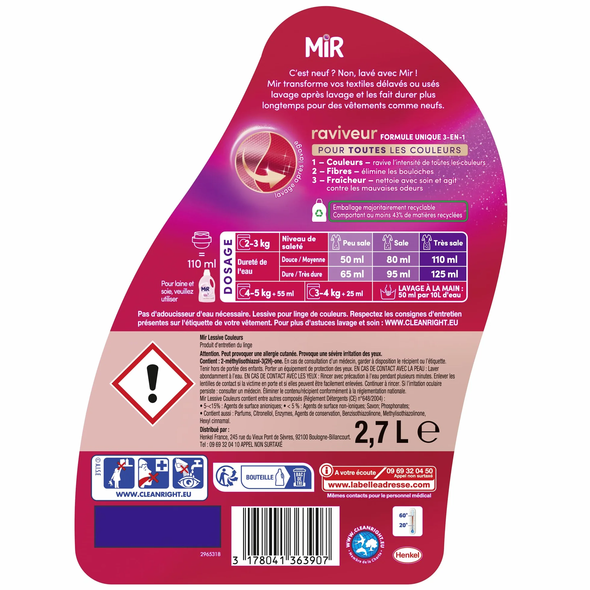 MIR, Lessive Liquide Couleurs, Main & Machine, Raviveur, Formule Unique 3en1, Fraicheur, Fibres, Anti Bouloche, Nettoie avec Soin, 54 Lavages