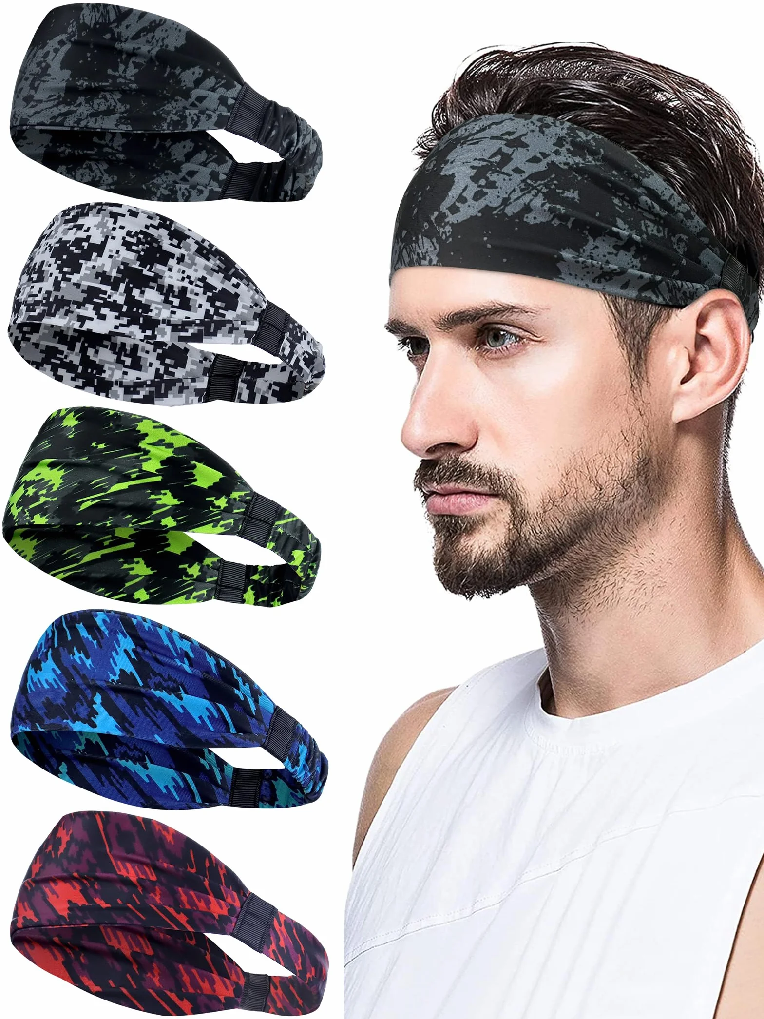 Bandeau Cheveux Homme 5 Pcs AWUMBUK Élastique Sport Absorbant Transpiration Respirant