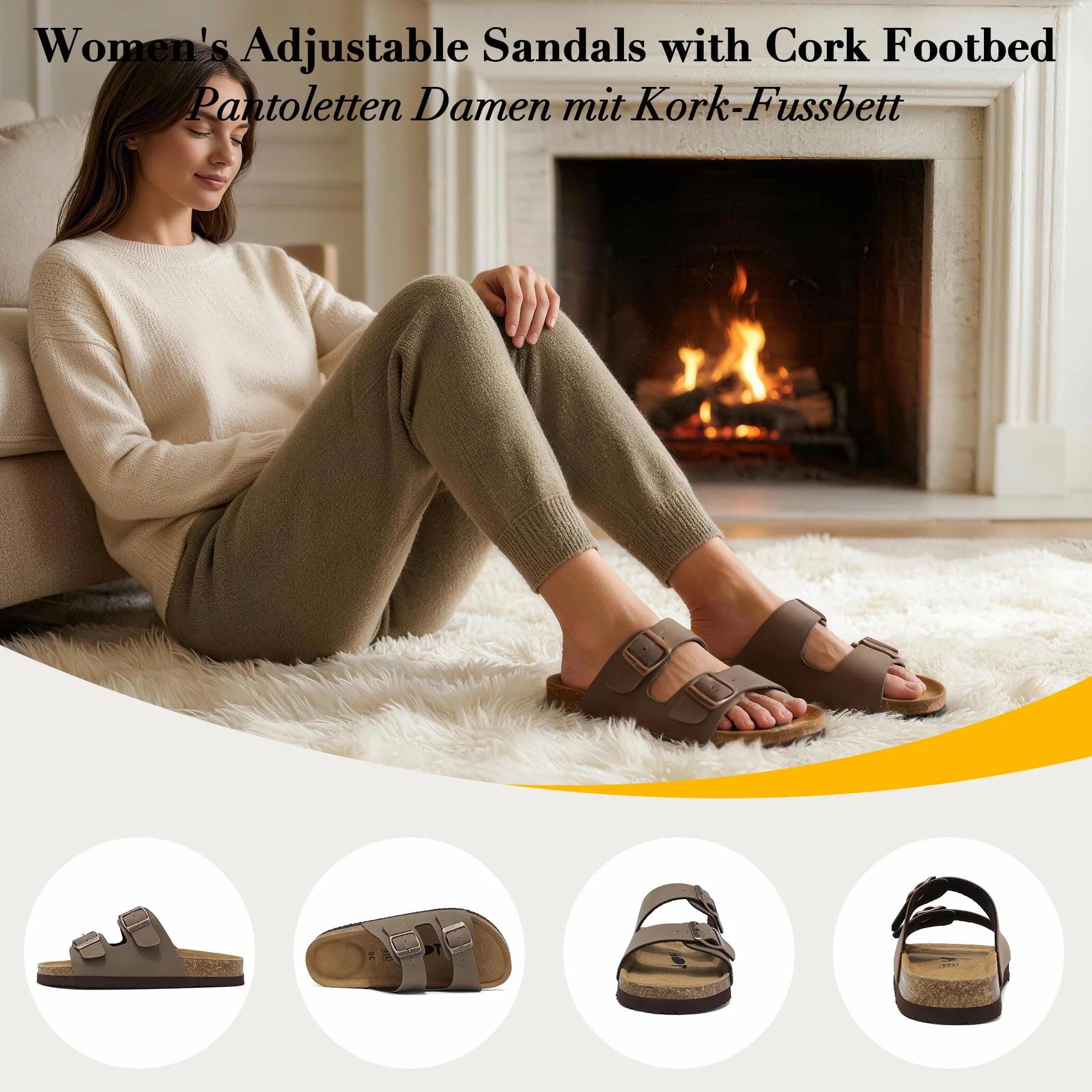 Sandales Orthopédiques Femmes avec Support de Voûte Plantaire, Sandales en Cuir Liège Réglables 36-42EU
