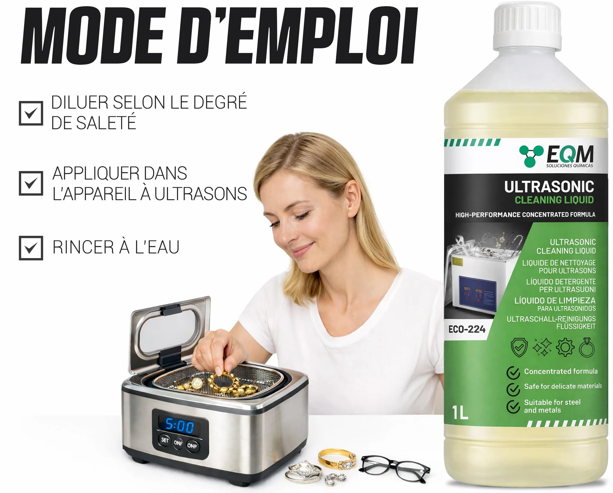 EQM Liquide Nettoyant Concentré Ultrasons Métaux Acier Bijoux Lunettes Argent Prothèses Dentaires