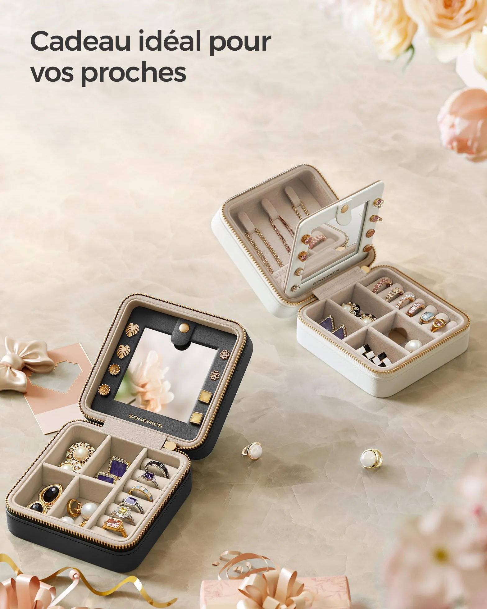 SONGMICS GISELLA Boîte à Bijoux de Voyage avec Miroir 11,4 x 11,4 x 5,5 cm Surface en PU Noir d'Encre JBC146BKV1