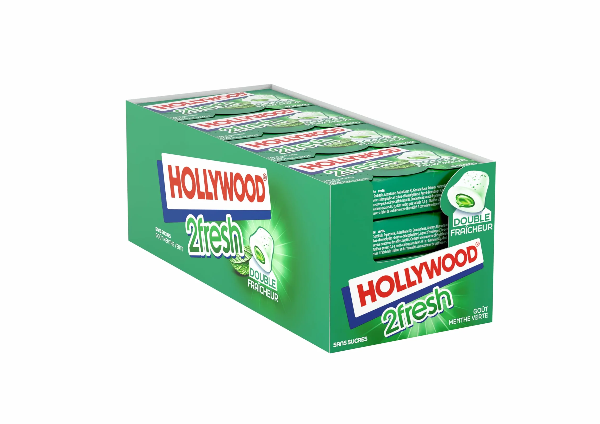 HOLLYWOOD Chewing-Gums 2Fresh Parfum Menthe Verte Chlorophylle Sans Sucres 16 Paquets De 10 Dragées