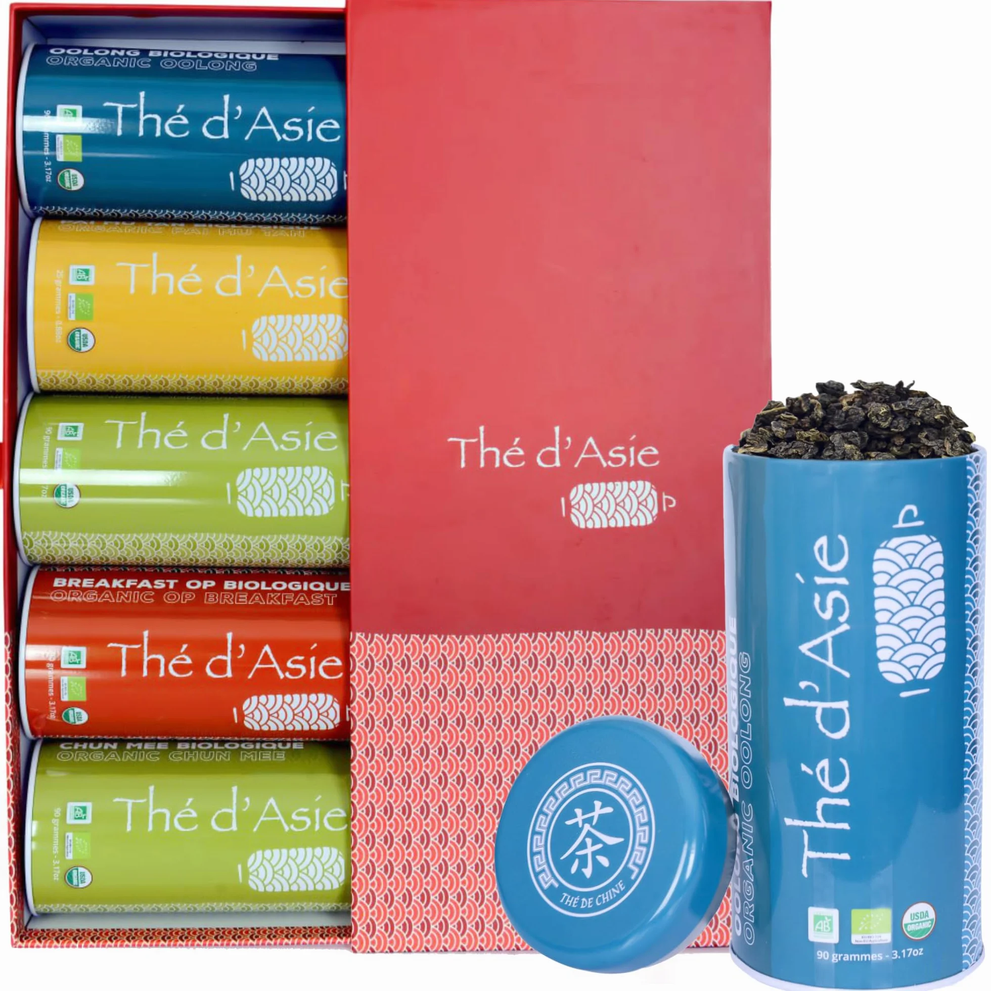 Khla - Coffret de 5 Thés Bio en Vrac - 5 Boites Métal - Coffret Cadeau à Offrir - Oolong, Pai Mu Tan, Breakfast OP, Sencha & Chun Mee - Thé Bleu, Vert Noir & Blanc - Tisane, Infusion
