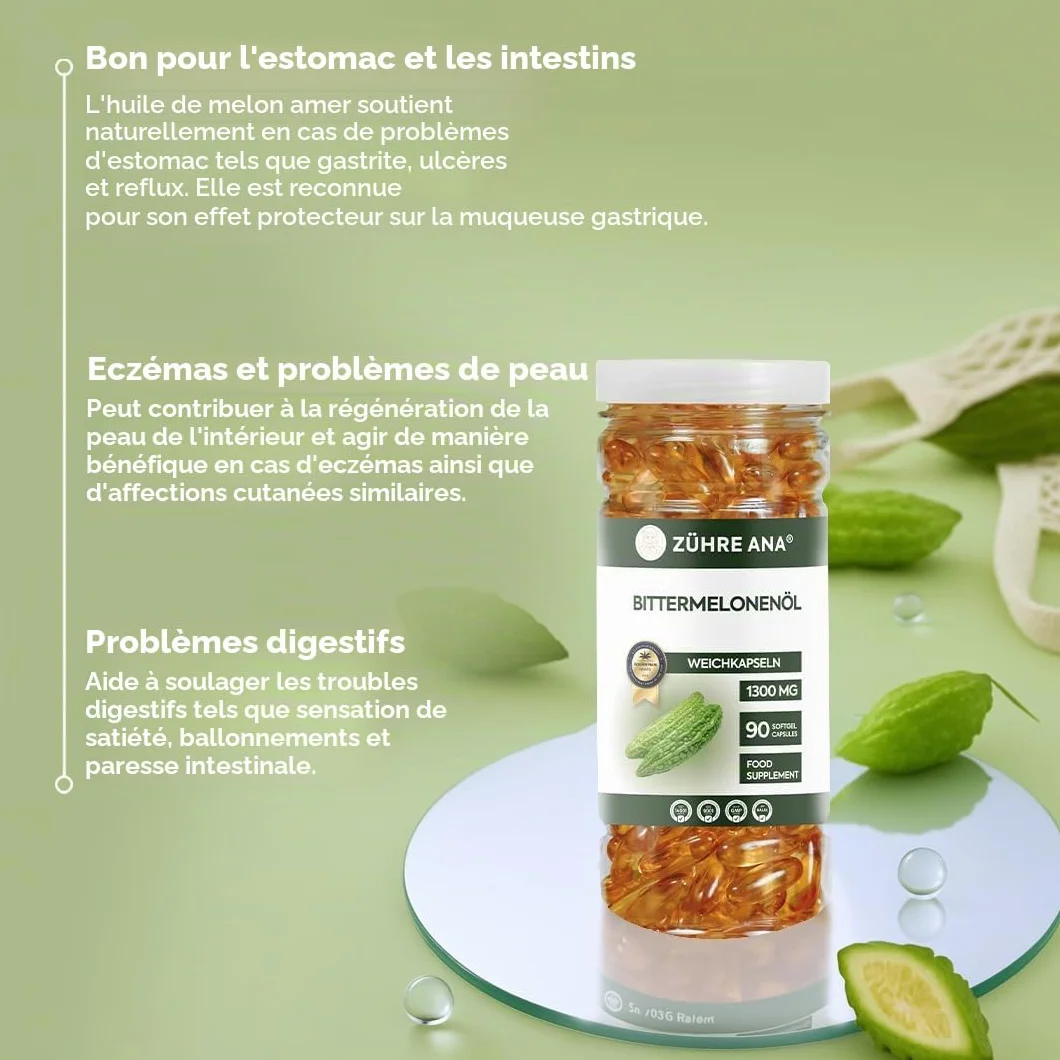 Zühre Ana Lot de 90 capsules d'huile de melon amer 1300 mg - Naturelle et pure - Facile à avaler