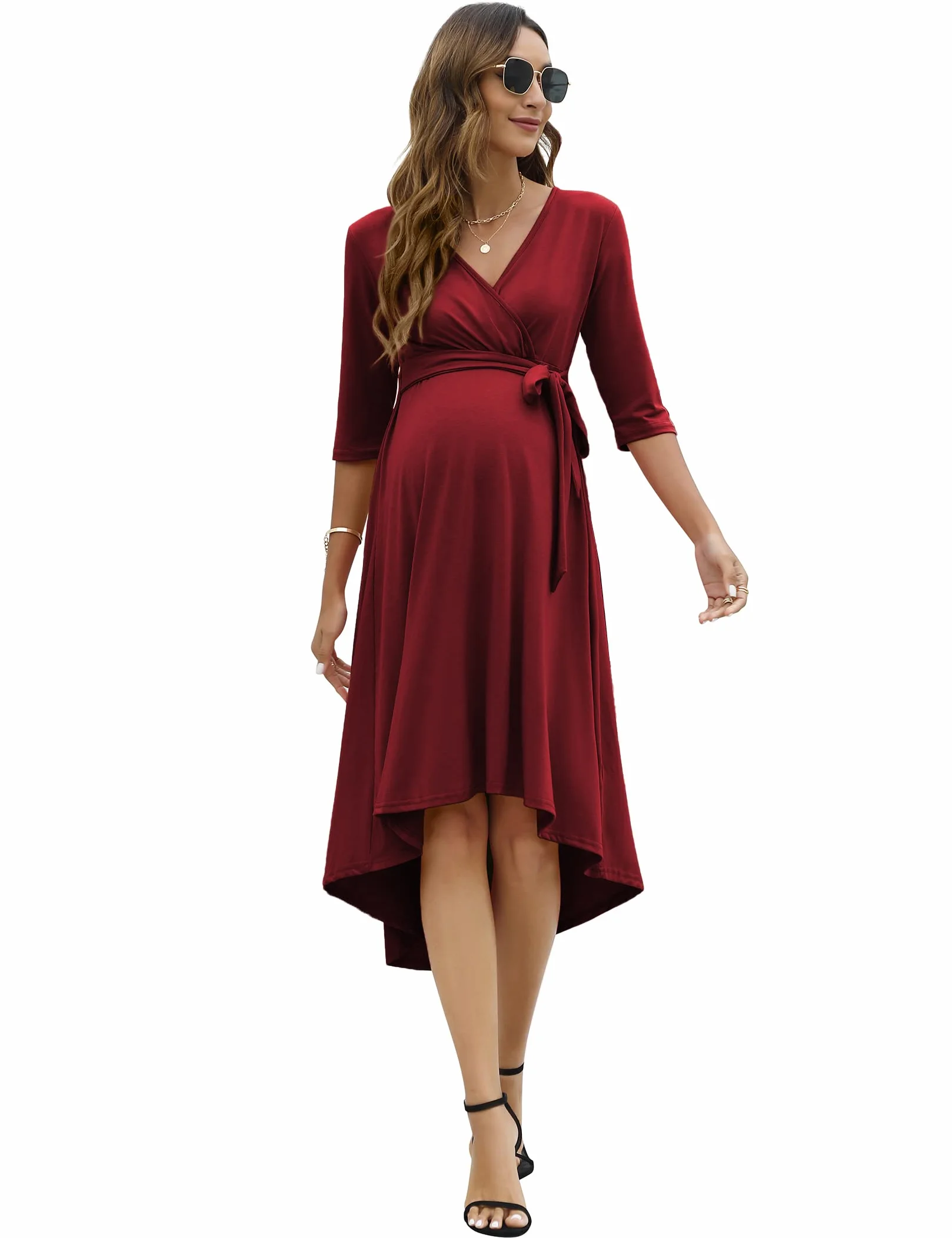 KOJOOIN Robe De Maternité d'Allaitement Festive Col en V Manches 3/4 avec Ceinture