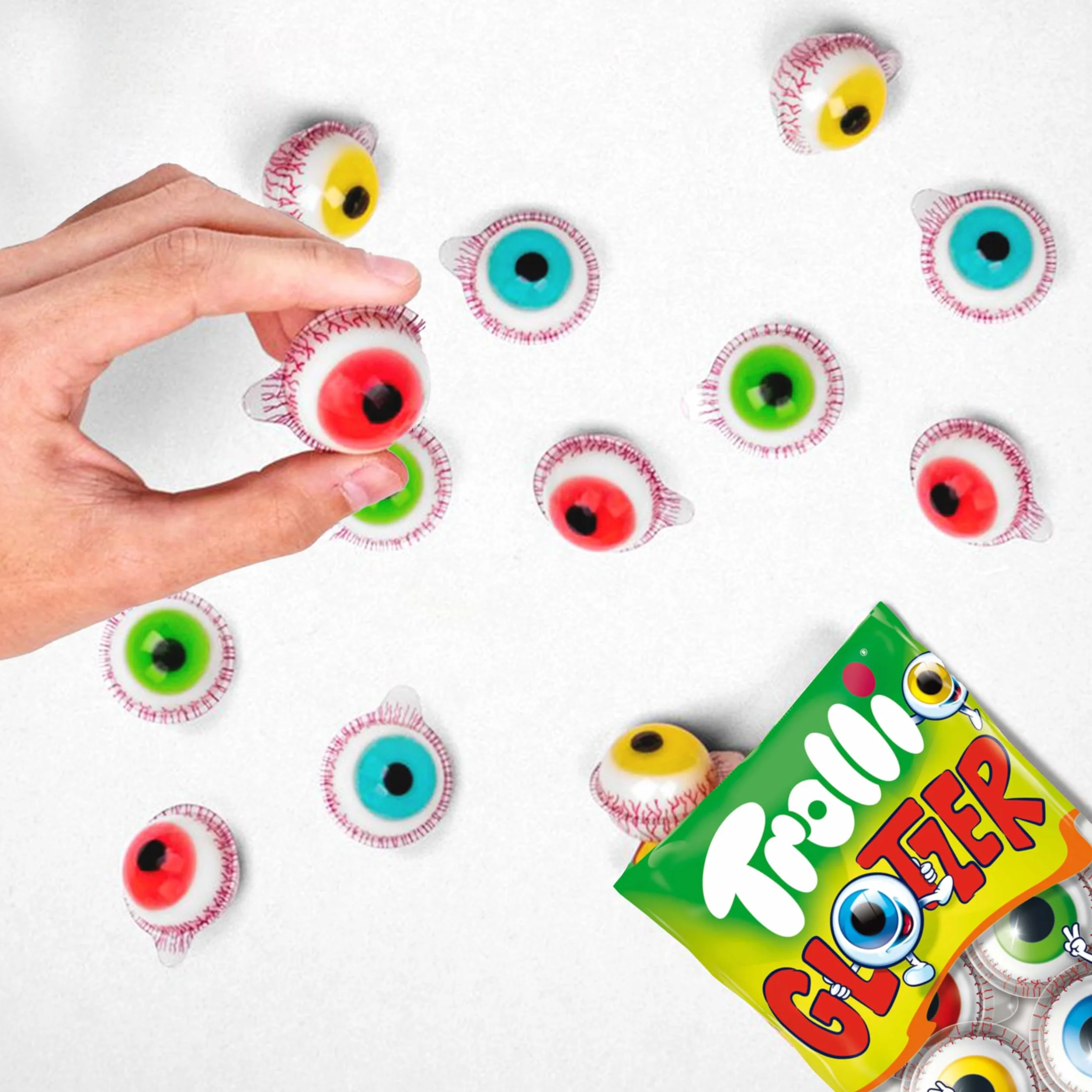 Trolli Glotzer Bonbons d'Halloween – 3 sachets de 75g avec 4 yeux chacun (12 Glotzer au total) – Sans lactose et sans gluten, avec autocollants fantômes – Parfait pour les sacs d'école, les pinatas et