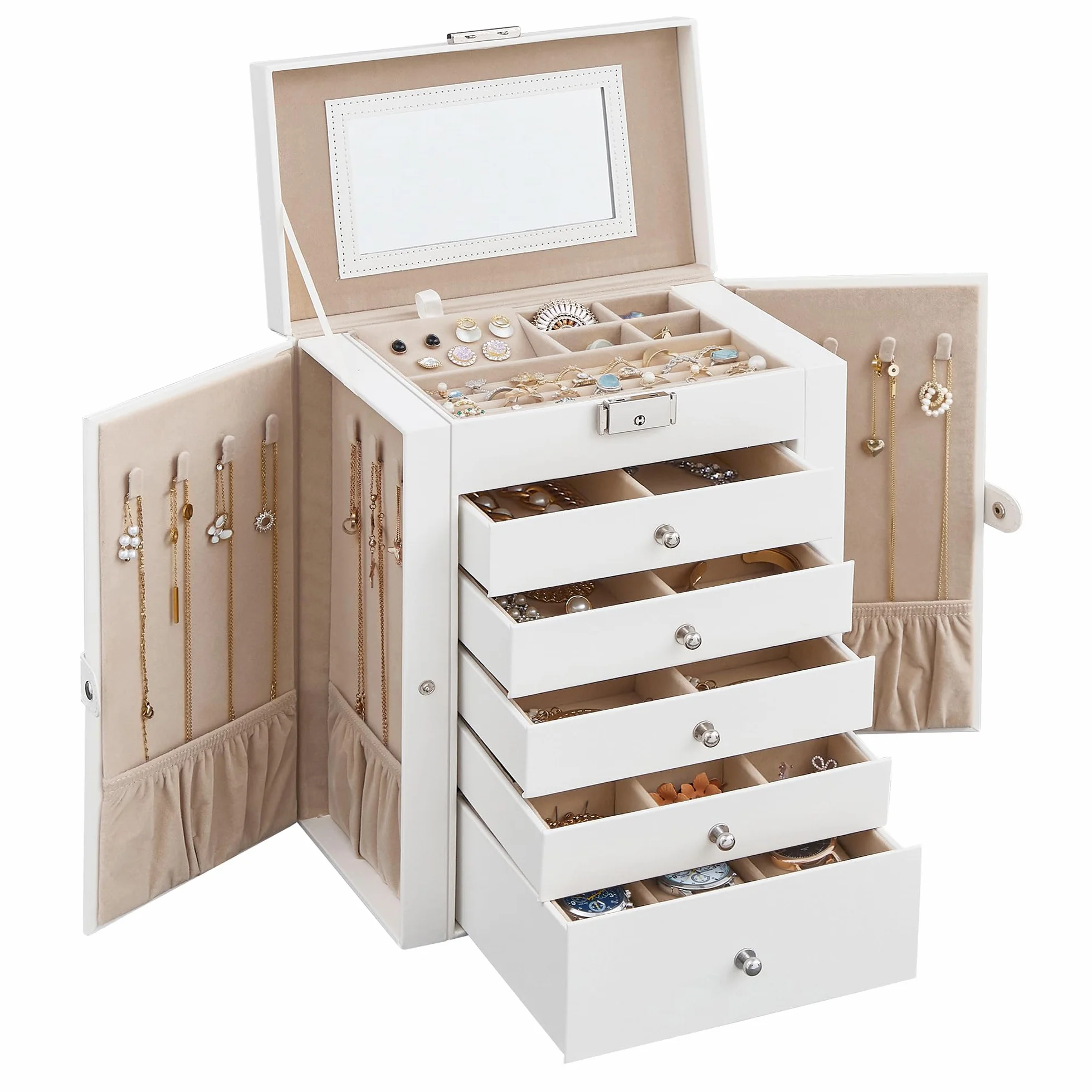 SONGMICS Boîte à Bijoux 6 Niveaux 5 Tiroirs Coffre de Rangement avec Miroir Intérieur Verrouillable Blanc Nuage JBC152W01