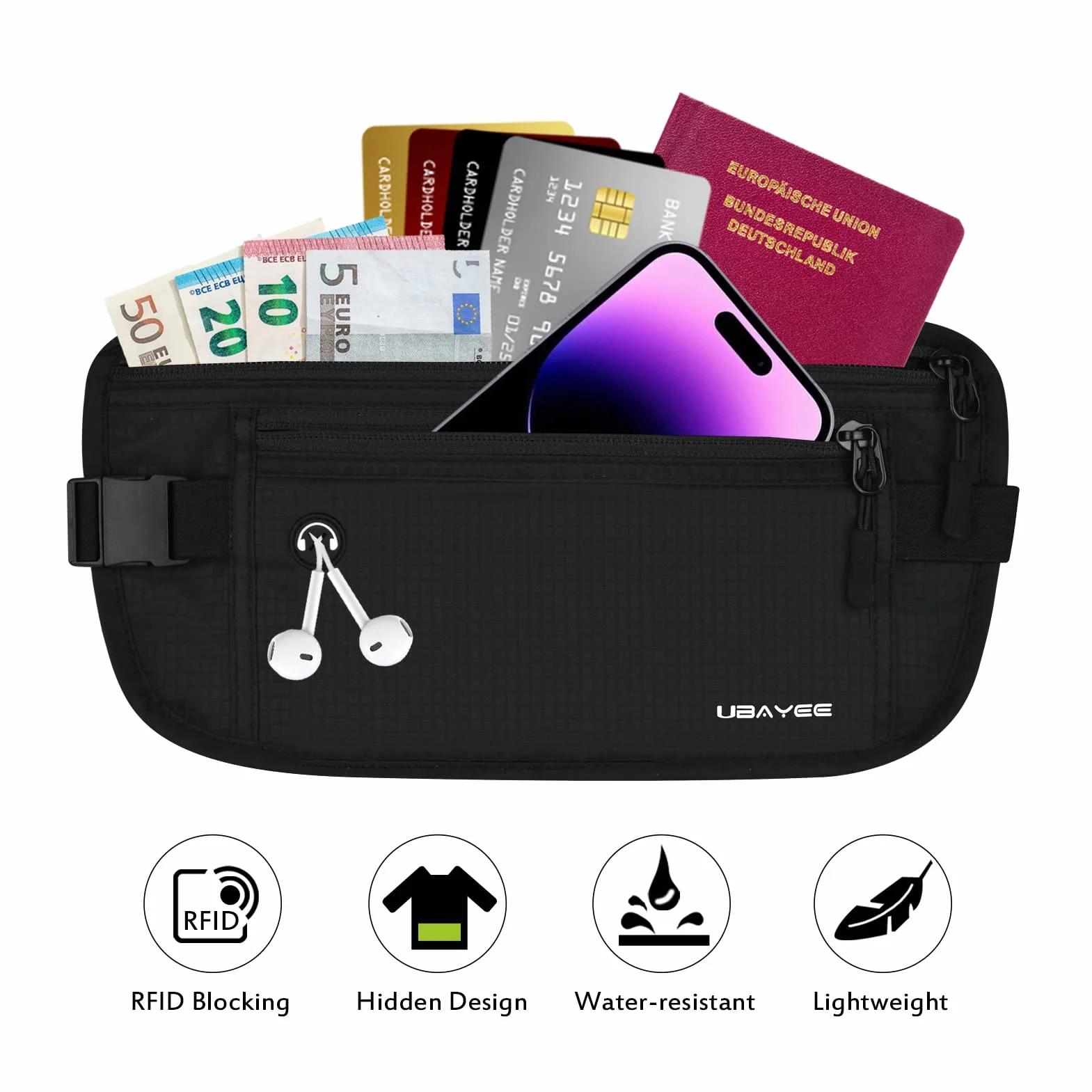 Ceinture de Voyage RFID-Blocage Noir Sac Banane Plate