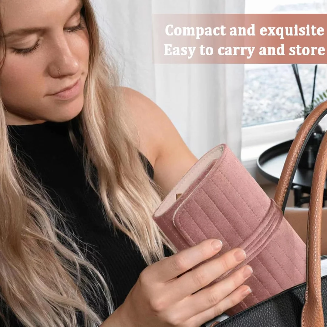 Pochette Bijoux Voyage Trousse de Rangement en Velours Rouleau Organisateur pour Colliers Bracelets Boucles d'oreilles Compact Rose