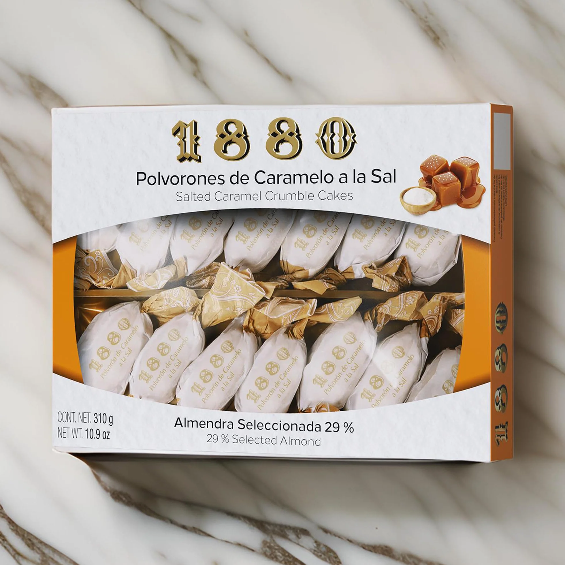 1880 - Sablés Caramel Salé, Qualité Suprême, Douceur typique de Noël, Recette Artisanale, Boîte Unique, Polvorones Traditionnels, Fabriqués avec des Amandes Sélectionnées, 280 Grammes