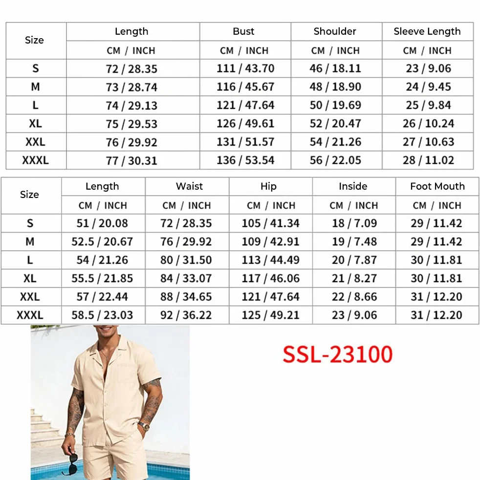 Ensemble en Lin 2 Pièce Homme Chemise T-Shirt Manches Courtes Pantacourt Shorts Jogging Été