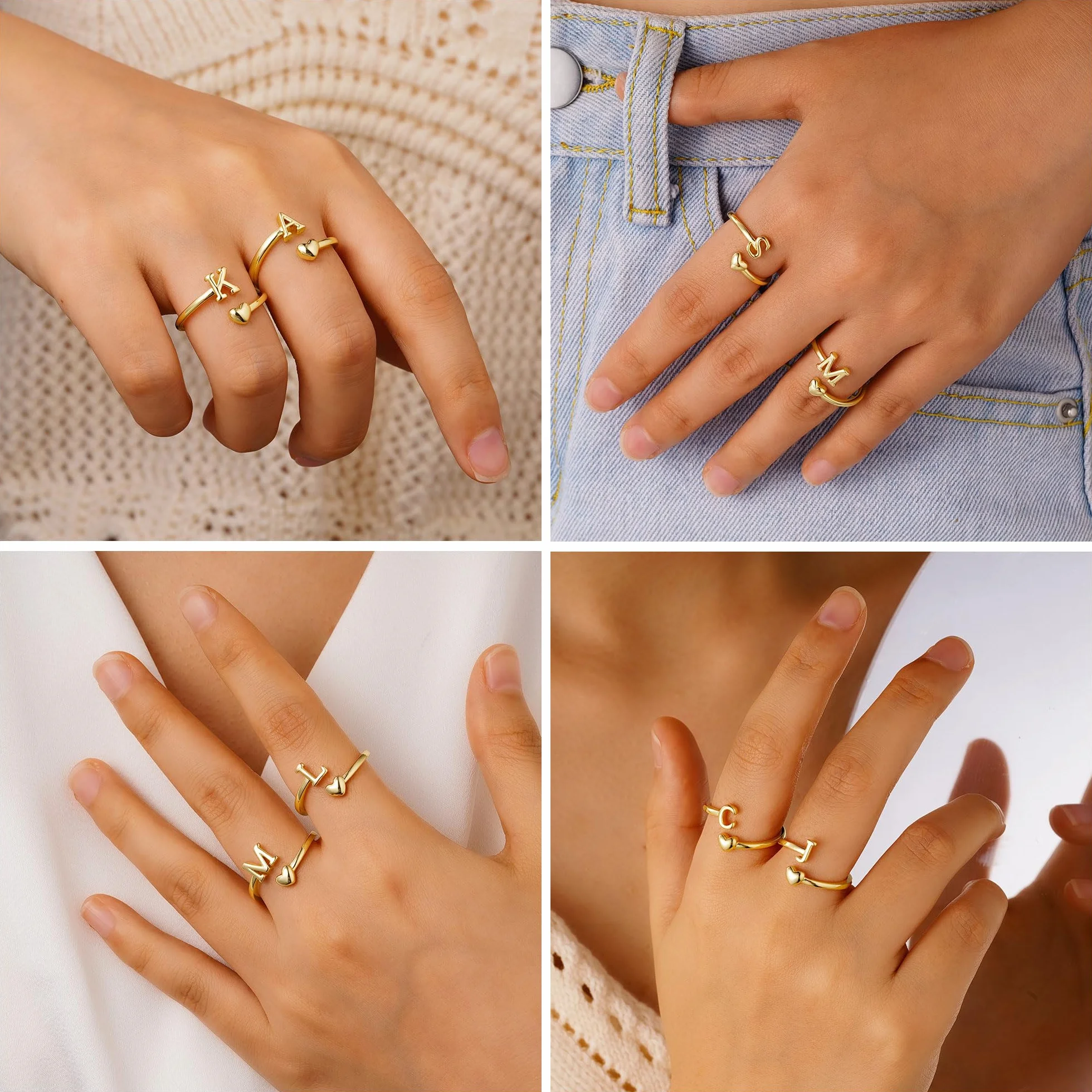 Bague en or plaqué 14 carats étanche motif cœur avec lettres empilable