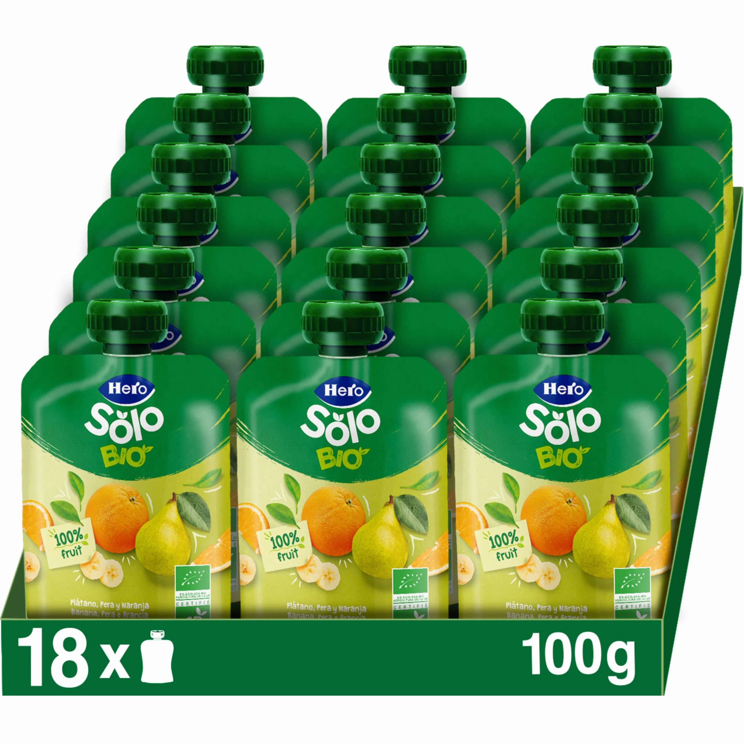 Hero Solo - Gourde Bio De Banane, Poire et Orange – Puree de Fruits BIO 100% Naturels, Compote Sans Sucre Ajouté, Sans Gluten - pour Bébés Dès 4 Mois - Lot de 18 X 100 g