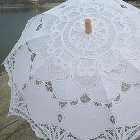Ombrelle de mariage victorienne avec broderie en dentelle Blanc 80 cm