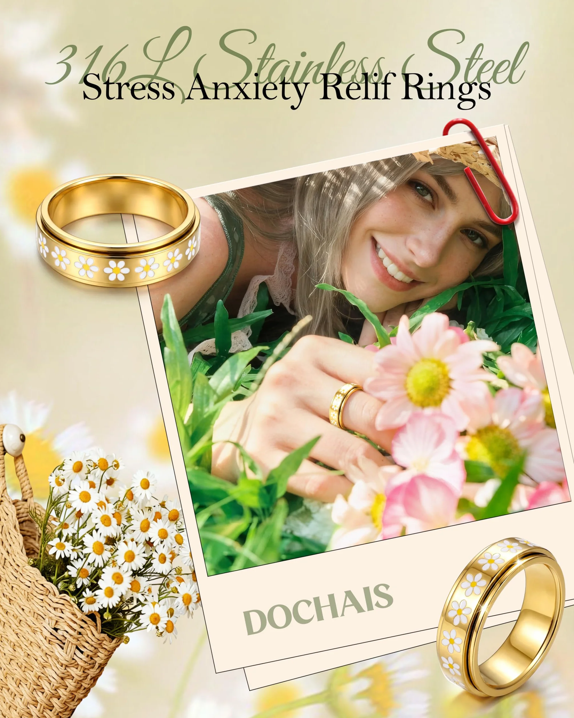 Bague Anti Stress Tournante Marguerite Acier Inoxydable Doré Argenté, Bague Fidget Spinner Fleur