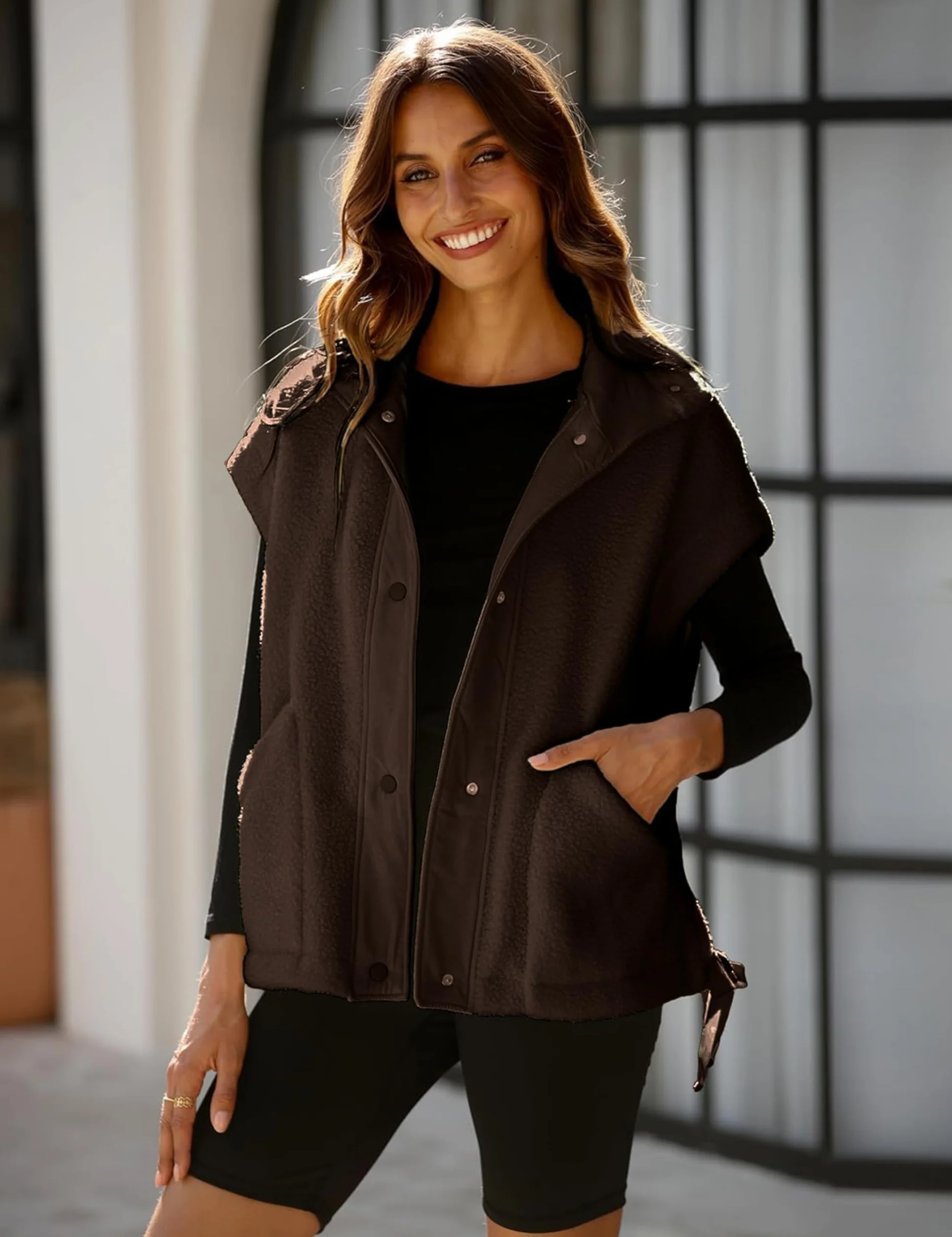 Omoone Gilet Sherpa femme surdimensionné doublé polaire avec poches