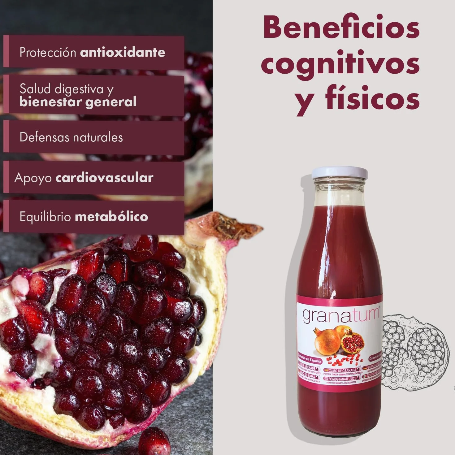Granatum Plus - Lot de 6 bouteilles de jus de grenade naturel (750 ml), 100 % pressé, riche en polyphénols méditerranéens, sans sucre ajouté, sans colorants ni conservateurs