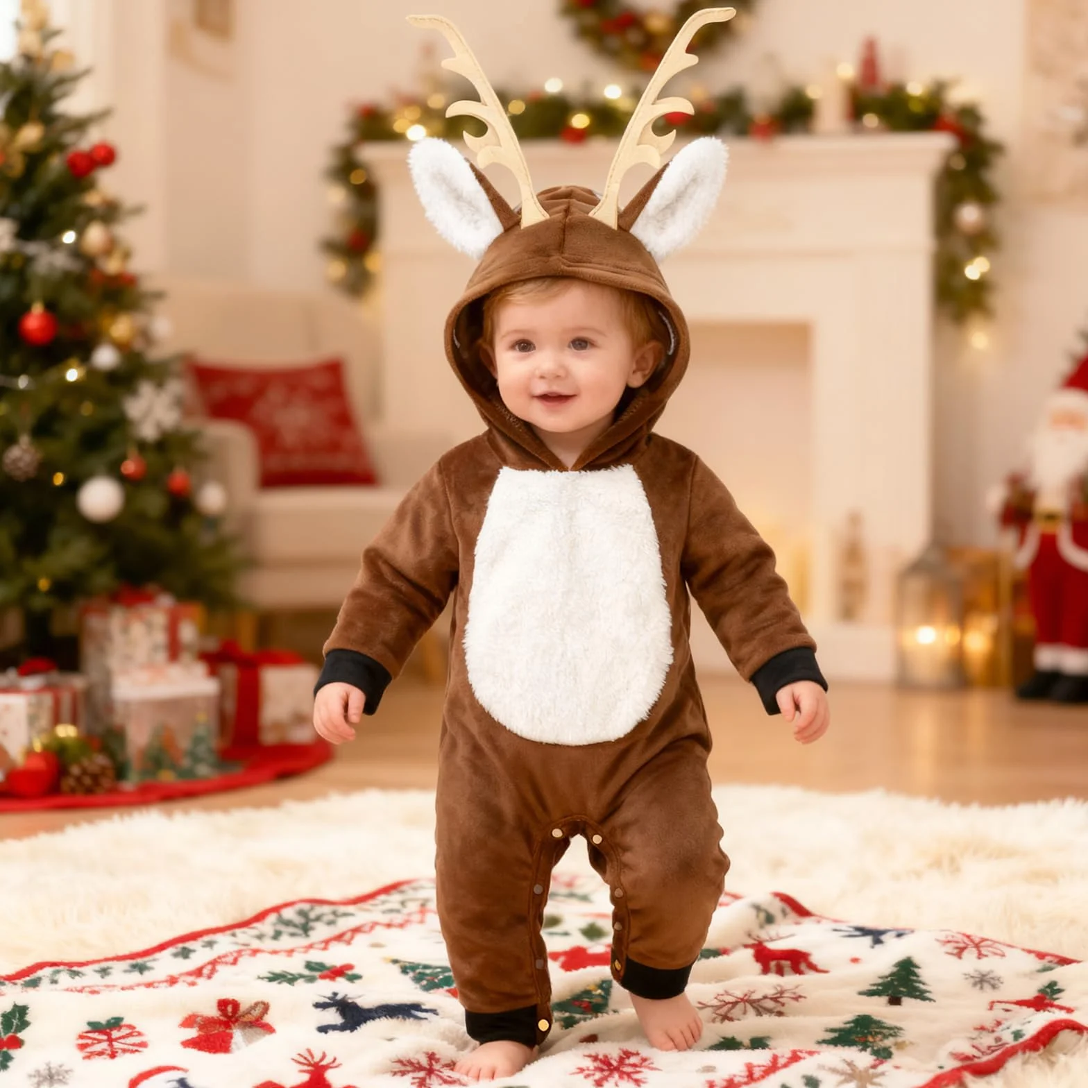 Deguisement Renne Bebe Garcon Fille Grenouillere Capuche Velours Chaud Hiver Tenue Noel Halloween 0-24 Mois