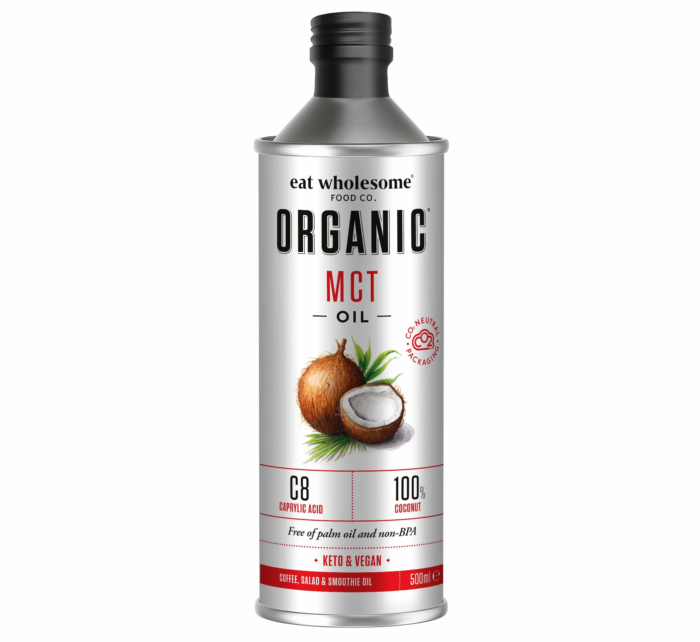 Eat Wholesome High C8 Huile de noix de coco MCT biologique, 100 % noix de coco, huile MCT en bouteille en verre, 500 ml (l'emballage peut varier)