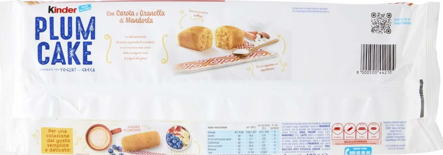 Italian Gourmet Lot de 6 Kinder Plum Cake Carotte & Éclats d’Amande (Préparé avec Yaourt à la Grecque) – Gâteaux Moelleux Individuels pour Petit-Déjeuner & Goûter, Snack Sucré + Italian Gourmet Polpa