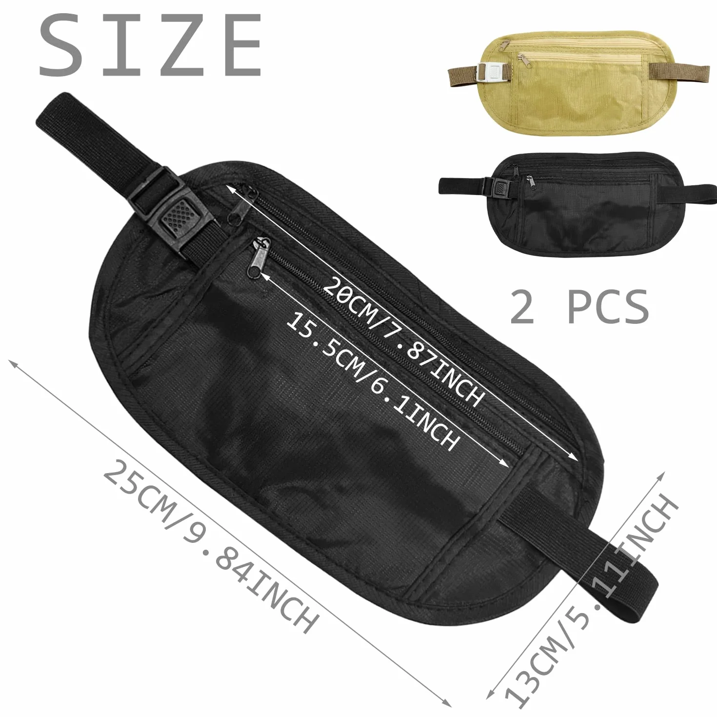 Ceinture d'argent dissimulée antivol 2 pièces réglable étanche sport voyage téléphone espèces Beige Noir