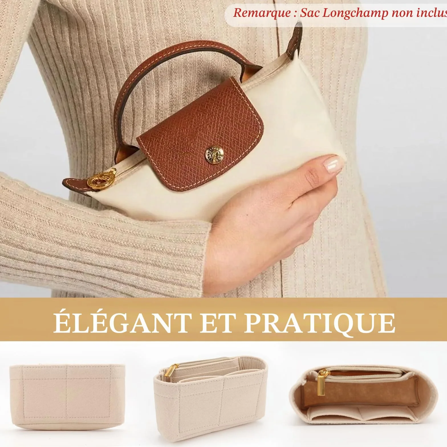 Organiseur de poches pour Longchamp Le Pliage Mini, en feutre, grande capacité