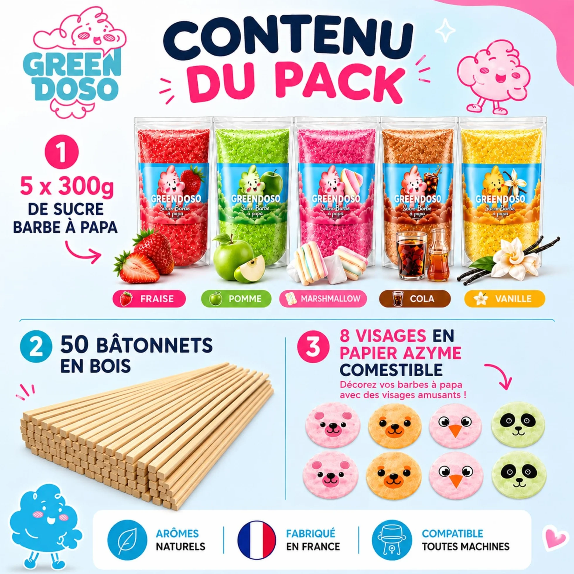 GREENDOSO® Sucre Barbe à Papa pour Machine (5x300 gr) – Arômes Naturels – Lot de 5 Goûts (Fraise/Cola/Pomme/Marshmallow/Vanille) – 50 Bâtonnets