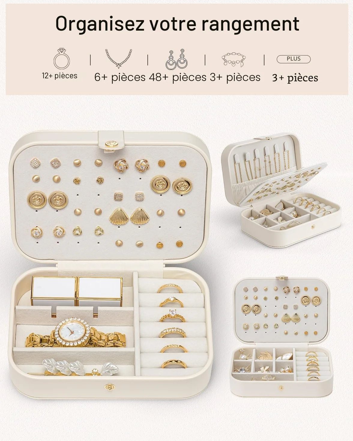 Vlando Boîte à bijoux de voyage, rangement pour bijoux, boucles d'oreilles, étui de voyage