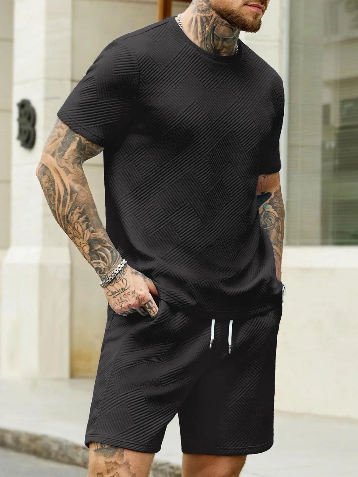 Survêtement Homme 2 Pièces Jacquard T-Shirt Manches Courtes Short Ensemble Ete