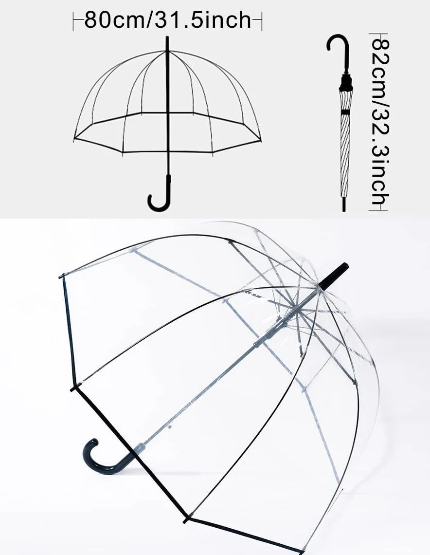 ThreeH Transparent Bubble Umbrella Curved Handle 8 Ribs Automatic Open
