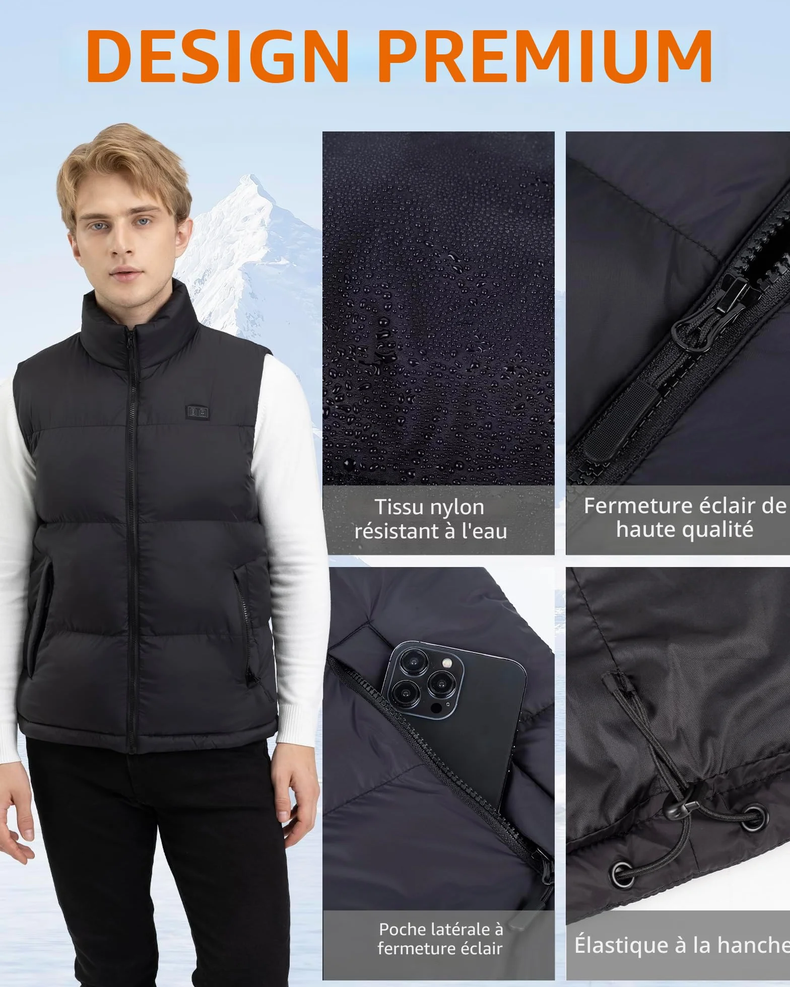 Veste Chauffante Homme 7.4V 18400mAh Batterie Incluse Gilet Chauffant 3 Températures Réglables Lavable
