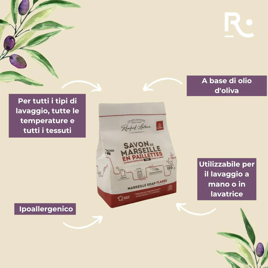 Rampal Latour - Paillettes de Savon de Marseille Vert pur à l'huile d'olive pour le linge - Copeaux Extra fins - Machine ou Main - Toutes températures et tissus - Hypoallergénique- 100 lavages - 1.5Kg