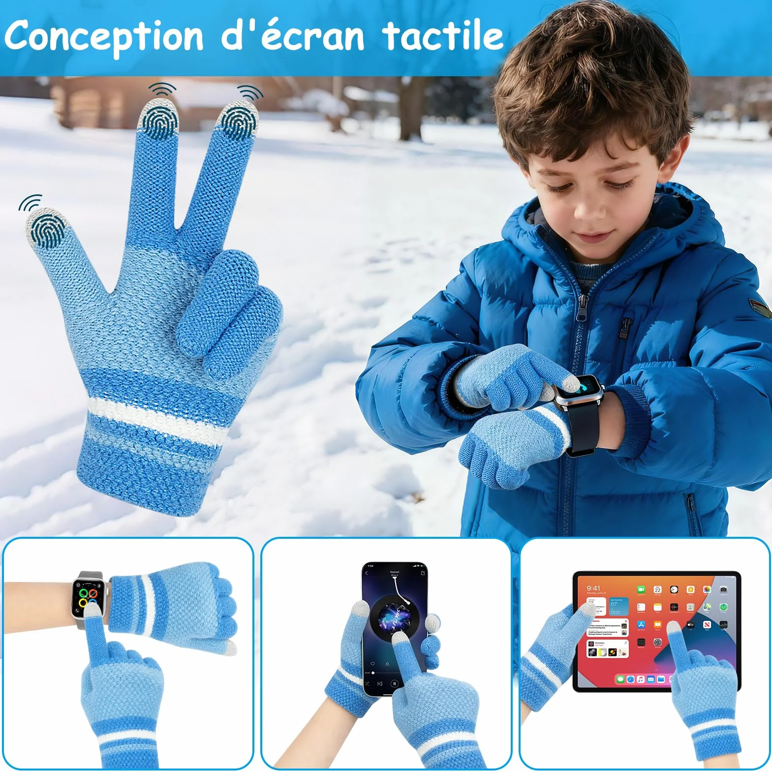 Kiiwah 3 Paires Gants Tricotés Chauds pour Enfants, Doigts Complets Thermique, Garçons 7-9 Ans (Bleu, Marine, Gris)
