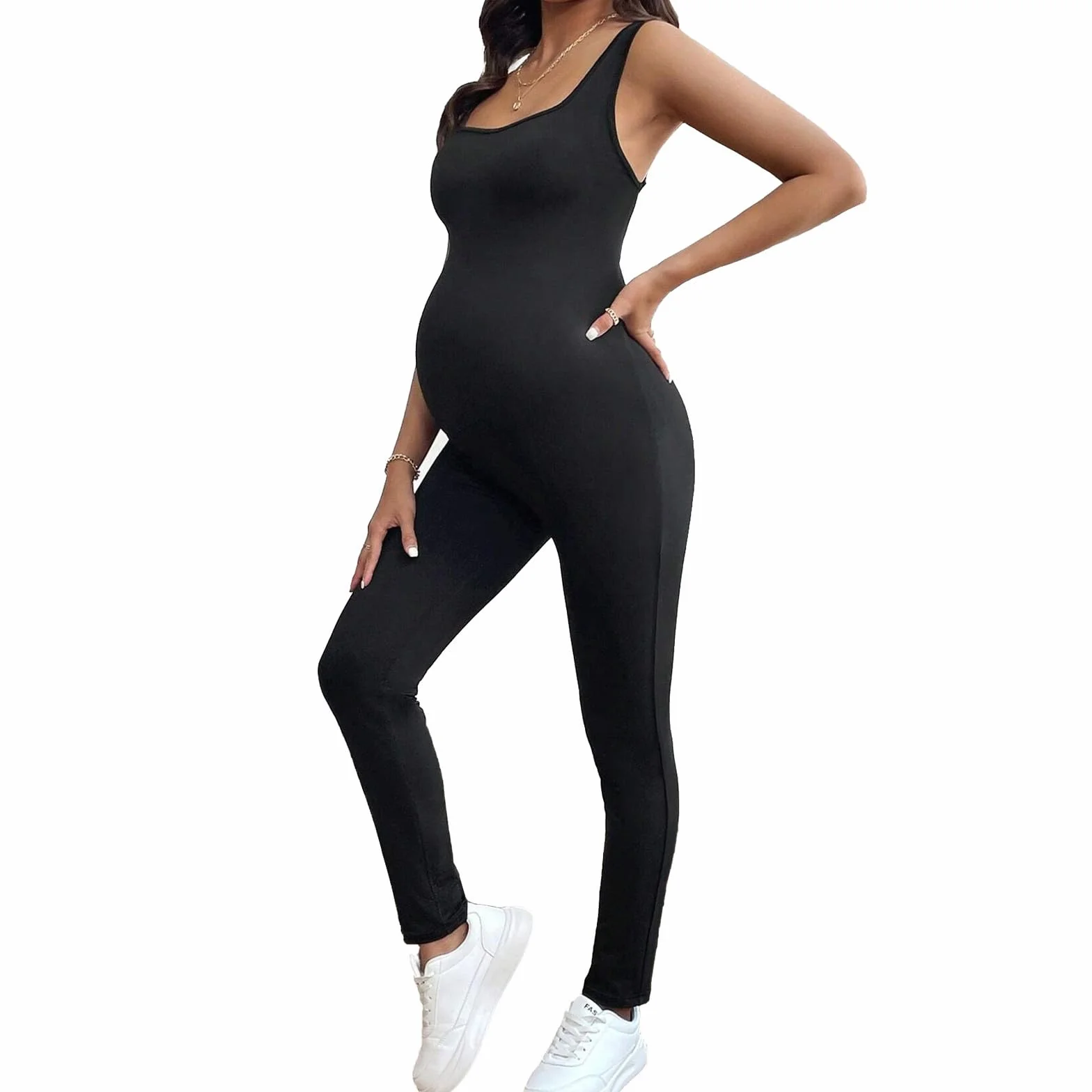 Combinaison de maternité femme col carré sans manches soutien ventre pantalon grossesse salopette extensible yoga sport