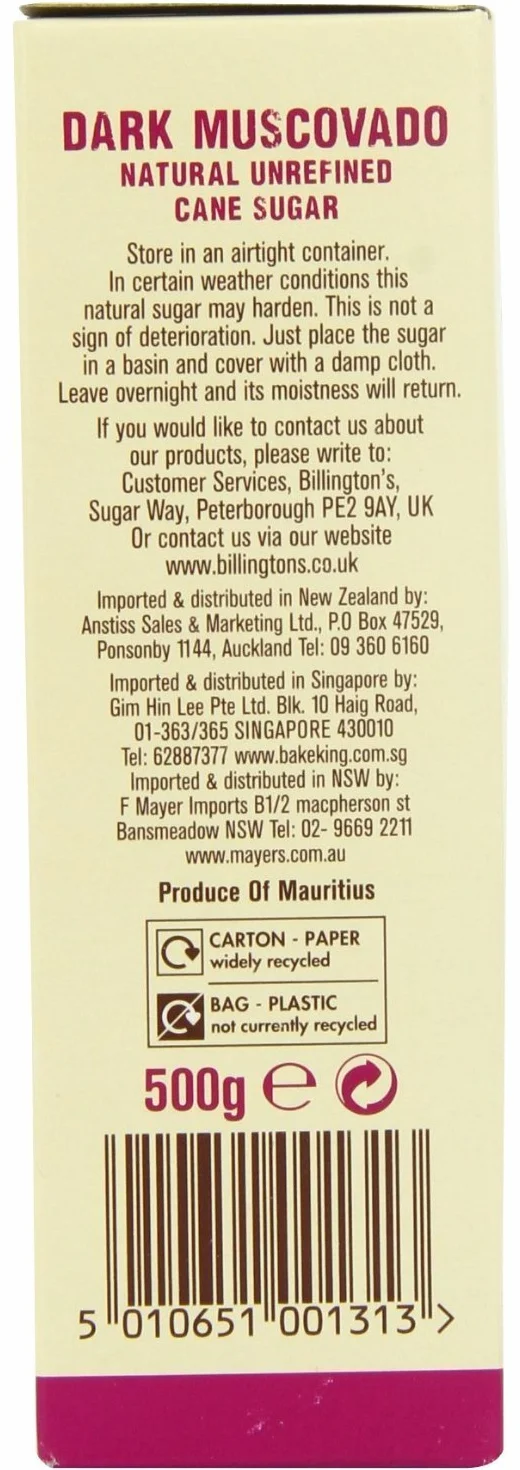 Naturel non raffiné foncé Muscovado sucre de canne de Billington (de 500g) - Paquet de 2