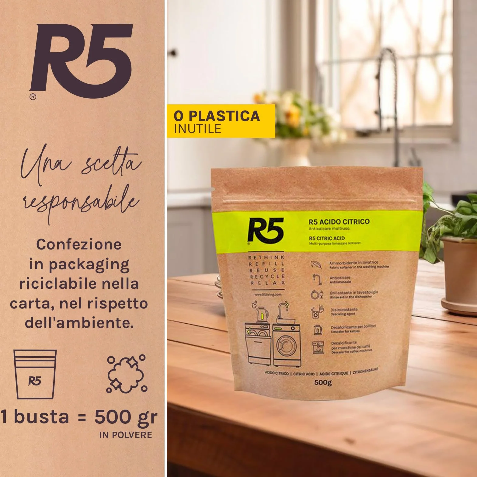R5, Acide Citrique en Poudre, 1 kg, Détartrant Multi-usages, Détartrant, Produit de Rinçage et Adoucissant, Sans Odeur, Certifié Plastique Négatif, 2 Paquets de 500 g