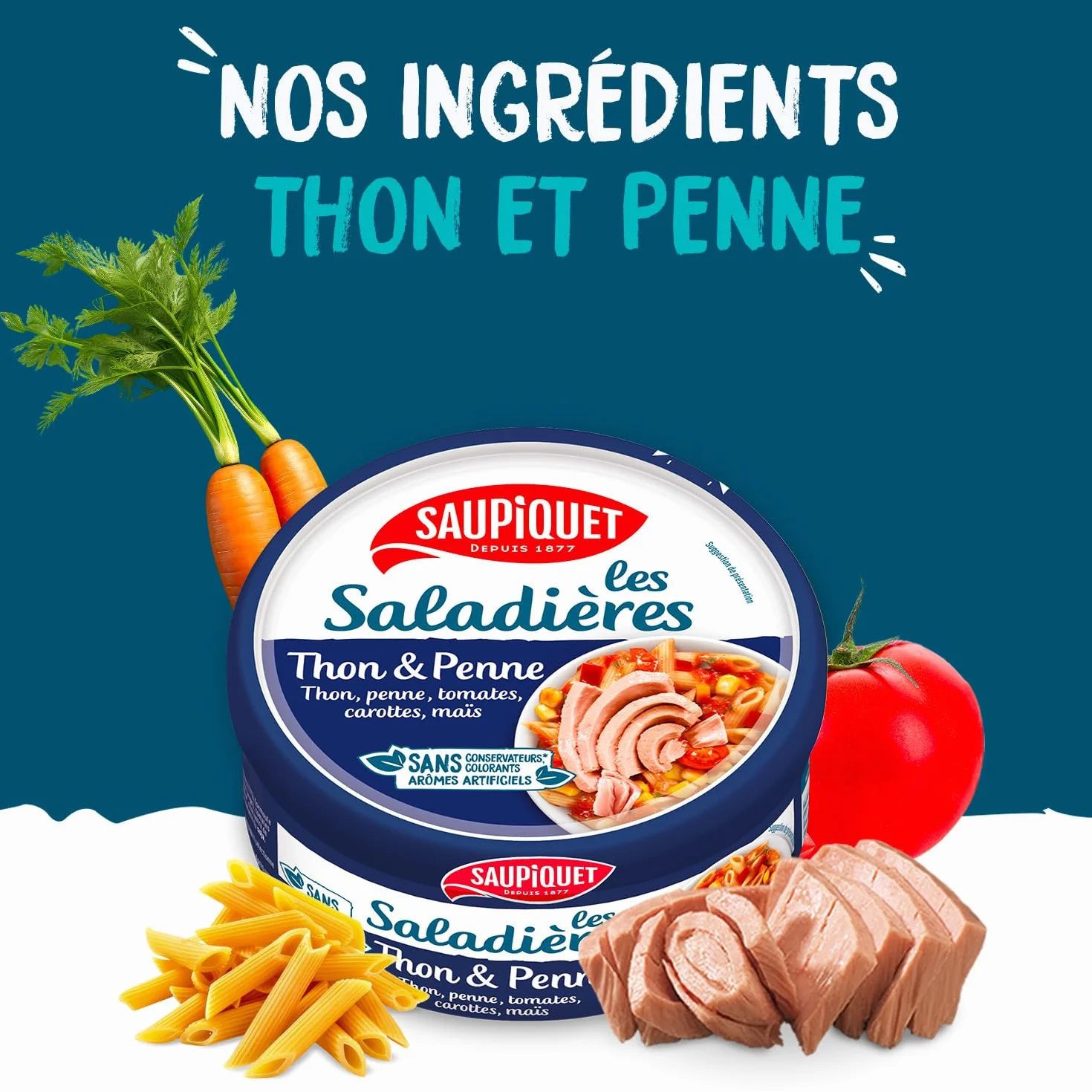 SAUPIQUET - Saladières Thon Penne - Salade Préparée Prête à Consommer - Conservation Température Ambiante - Idéale Pique-Nique - Poisson Issu Pêche Traçabilité Garantie - 7 Conserves (220 g)