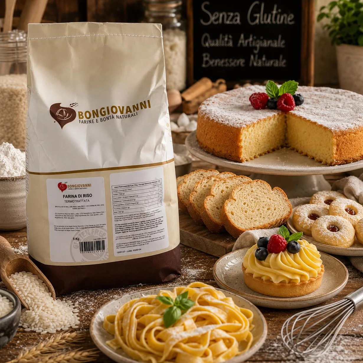 Bongiovanni Bontà Naturali Farine de Riz Traitée Thermiquement Sans Gluten Saveur Naturelle en Poudre 5 kg