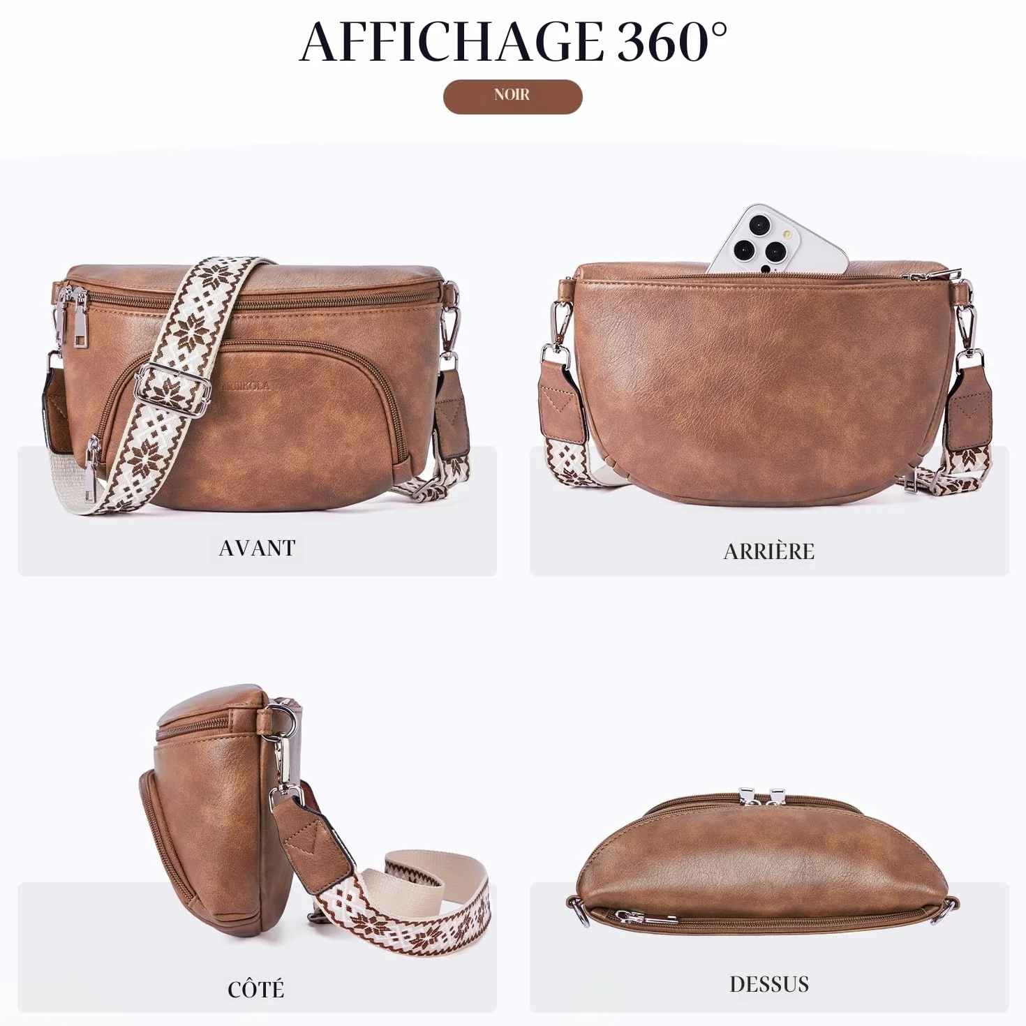 Sac à bandoulière femme cuir végétalien RFID poche poitrine sangle réglable