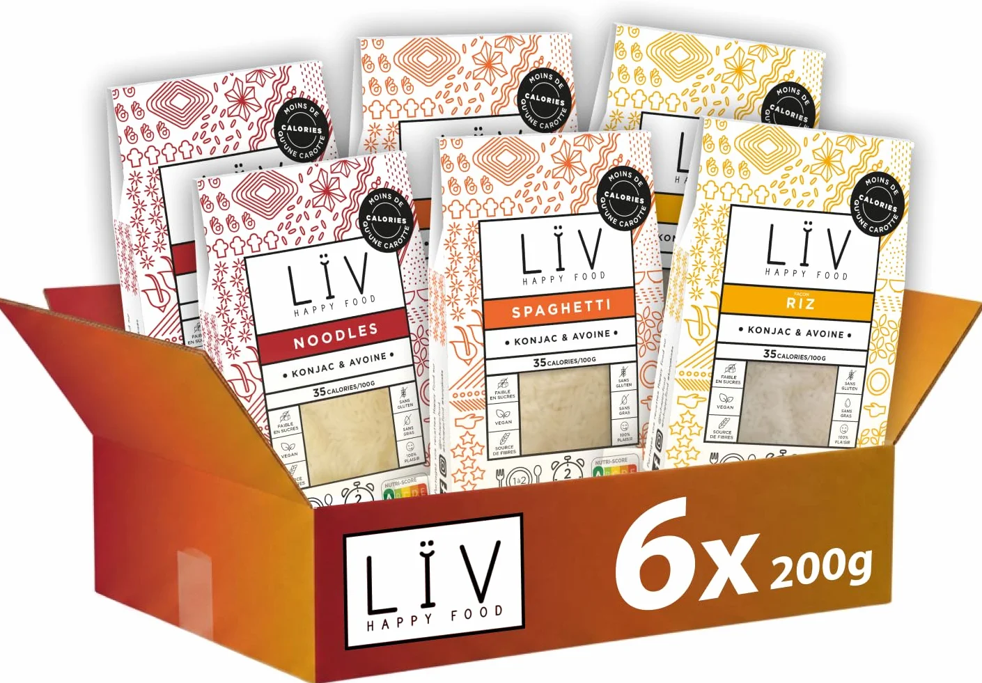LÏV Happy Food - Trio Nouilles de Konjac, Spaghetti & Riz, 6x200g, Premium