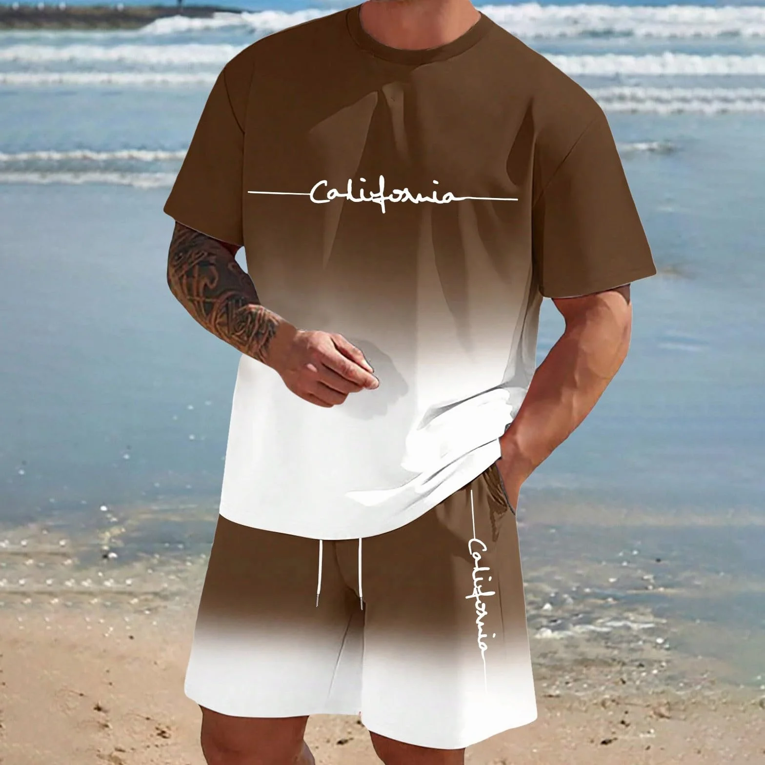 Ensemble Homme 2 Pièces Short T-Shirt Manches Courtes Tenues Survêtement Costumes Plage Vacances